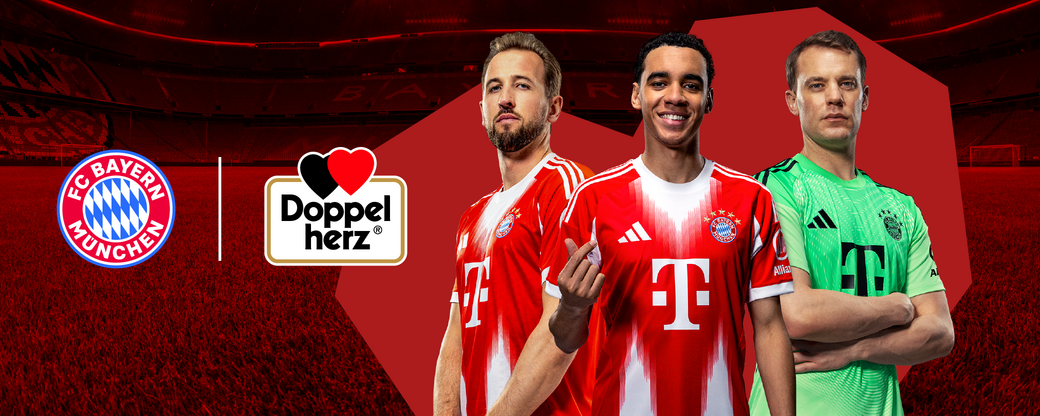 The image features three football players in FC Bayern Munich jerseys, showcasing teamwork and athleticism. The team's logo is prominently displayed, alongside the Doppelherz brand. The background is a vibrant red, resembling a football stadium, emphasizing the club's energetic spirit.