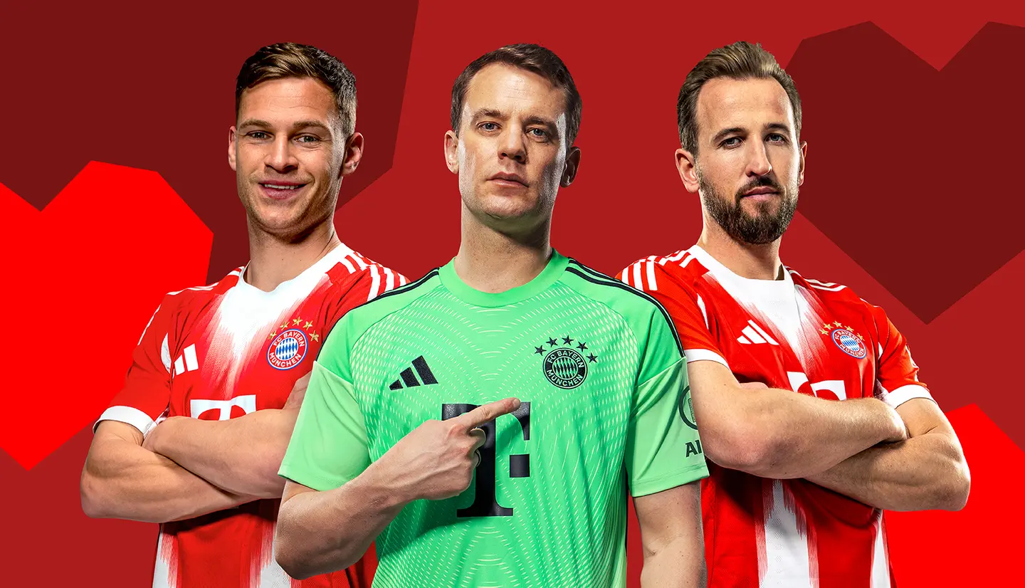 Three football players stand together, all wearing Bayern Munich jerseys. In the center, a goalkeeper in a bright green kit points to his chest, while the players on either side have their arms crossed and smile confidently. The background is a vibrant red.
